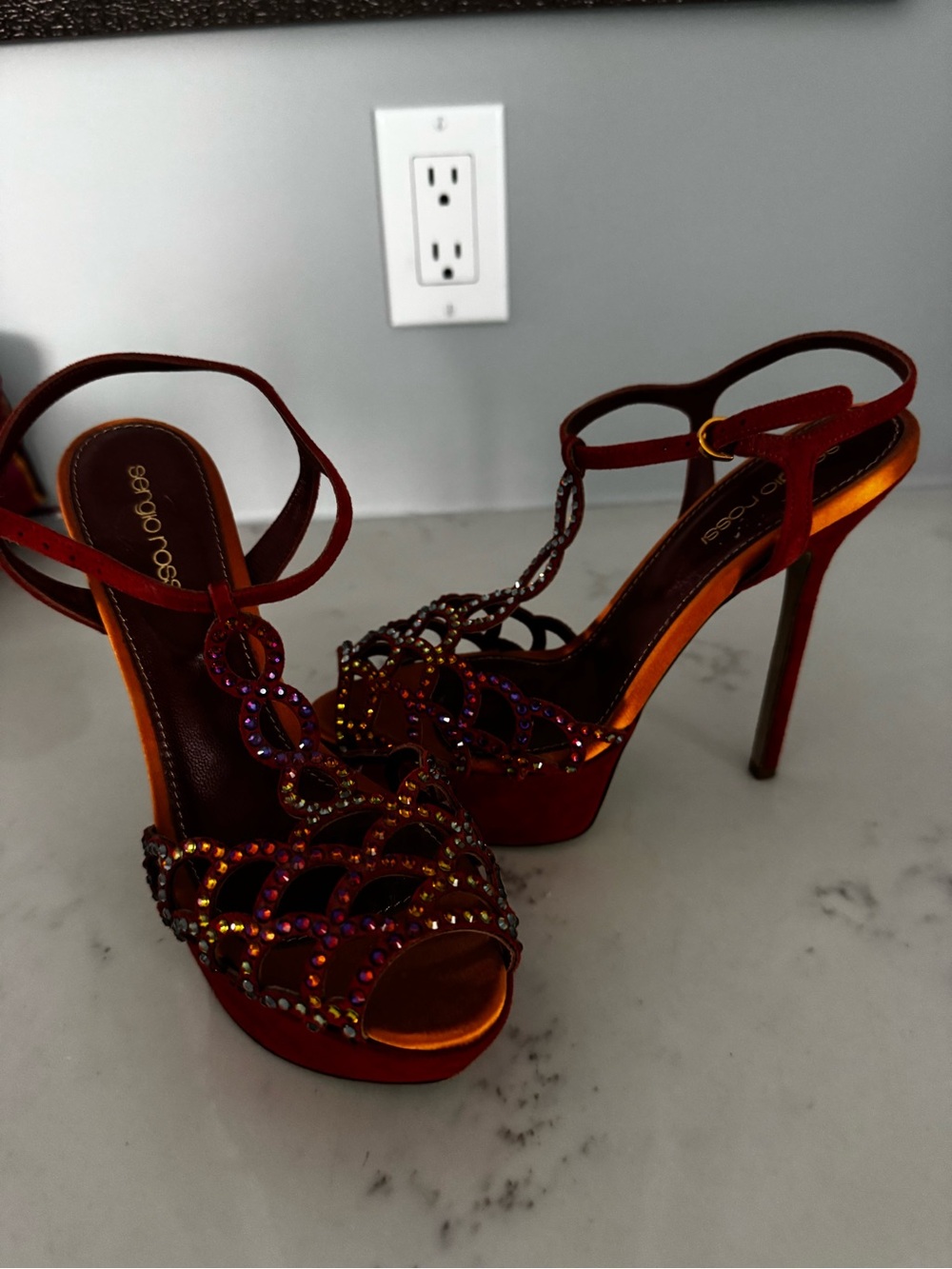 Sergio Rossi Orange suede Crystal Embellished platform Sandals size 6